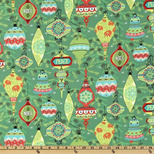 44” Wide The 12 Joys Of Christmas Vintage Bulbs Jade Fabric By The Yard