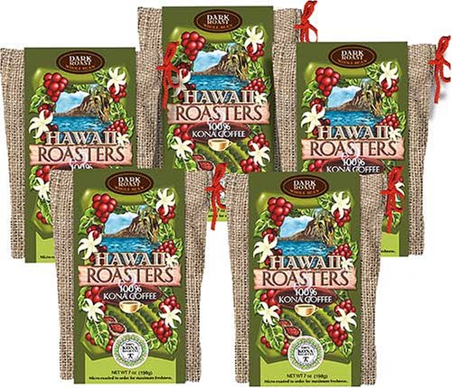 Award Winning Farm-Roasted 100% Kona Coffee, Whole Bean, Dark Roast 5 7 Oz Bags by Hawaii Roasters