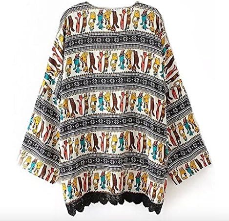 Women Autumn Kimonos Cat Printed Cute Lace Stitch Cardigan Blouse