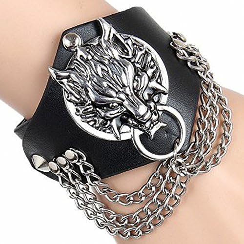 Non Mainstream Punk Exaggerated Leather Bracelet Men Wide Leather Fringed Leather Bracelet Wristband Evil Wolf