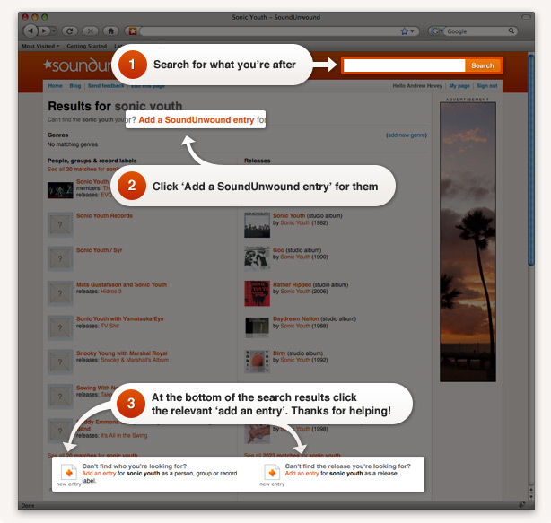 Search for what you're after. Click 'Add a SoundUnwound entry' for them.