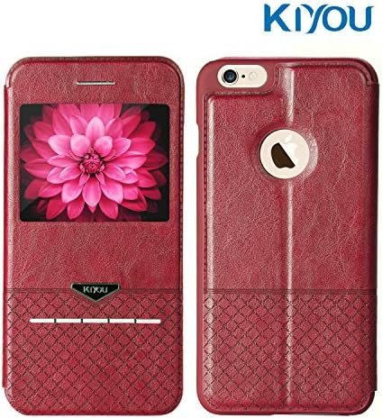 iPhone 6s Plus Flip Holster Case KIYOU Smart Touch Series Folio Flip Magnetic Closure Metal Sensor Kickstand View Window Full Protection Leather Case for Apple iPhone 6 Plus/6s Plus (5.5 Red)