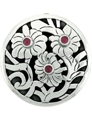 Sterling Silver Floral Mandala Brooch Pin Pendant w/ Red Crystals, 1 5/8 inch wide