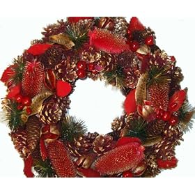 Artificial Christmas Wreath - 38cm dia, Large Red Pine Cones and Berries