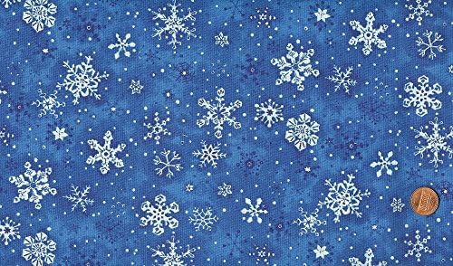 'Snow Magic' Snowflakes on Blue Cotton Fabric By the Yard