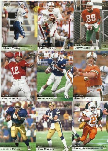 2013 Upper Deck Football Series Complete Mint 150 Card Hand Collated Set with 100 Shortprinted Rookie Cards Including Eddie Lacy Plus 50 Hall of Famers and Stars Pictured in Their College Uniforms Including Bart Starr, Joe Namath, Paul Hornung, Steve Young, Troy Aikman, Jerry Rice, John Elway, Dan Marino, Barry Sanders and Others