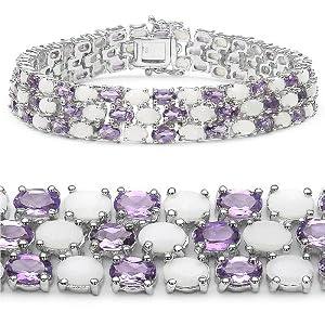 21.80 Carat Genuine Opal and Amethyst Oval 3-Line Silver Bracelet by