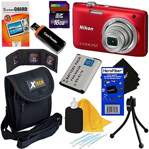 Nikon Coolpix S2800 20.1 MP Point and Shoot Digital Camera with 5x Optical Zoom and 720p HD Video - Red (Import) + EN-EL19 Battery + 8pc Bundle 16GB Accessory Kit w/ HeroFiber® Ultra Gentle Cleaning Cloth