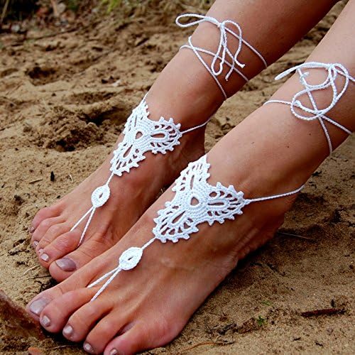 Crochet Barefoot Sandals,Beach Pool,Nude shoes,Foot jewelry,Footless sandles,Beach Wedding Jewelry,Yoga Chain,Anklet, Wedding shoes, Beach Wedding, Summer shoes, One Size Fits All JMN10L (White)