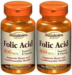 Sundown Naturals Folic Acid 800 mcg Tabs, 100 ct