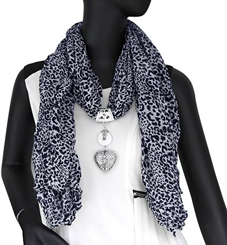 Fashionable, Long, Designer Leopard Print Scarf With Heart Pendant , Black/White, Jewelry Necklace, Versatile Accessory.