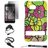 IMAGE OF Hawaiian Flowers Luxury Design Premium Crystal Shiny Rhinestone Carrying Cover Protective Case for HTC Thunderbolt 4G / Droid Incredible HD 6400 Cell Phone * Includes a Rapid Travel Car Charger and Home Wall Charger * Includes Anti Glare Screen Protector Guard.