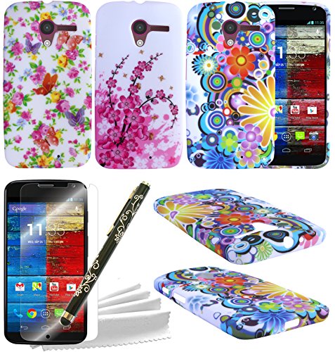 ColorYourLife Motorola Moto X Case Bundle of 6 Accessories - 3 Colorful Rubberized Flexible TPU Cases Covers Skins with Screen Protector for Motorola Moto X + Stylus Pen + Microfiber Cleaning Cloth (Flower pattern)