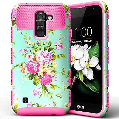 LG K7 Case,CNCASE Dual Layer 2-Piece Peony Style Hybrid Hard Shockproof Bumper Case Cover for LG K7 - Hotpink
