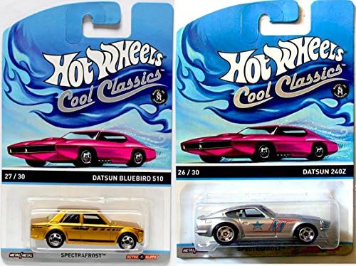Datsun 240Z Cool Classics Hot Wheels &amp; Bluebird 510 - Spectrafrost Silver + Gold all metal design Heritage Collection in PROTECTIVE CASES