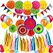 ZERODECO Fiesta Party Decoration, Multicolor Vibrant Hanging Paper Fans Pompoms Latex Balloon Tissue Paper Tassel Triangle Bunting Banner for Fiesta Mexican Cinco De Mayo Baby Shower Party