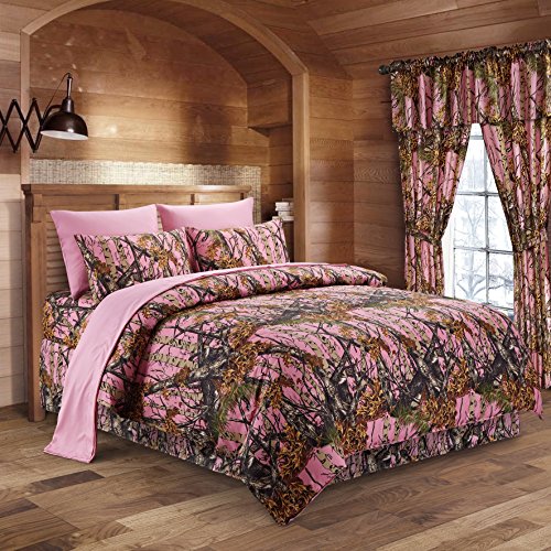 The Woods Pink Camouflage Twin 5pc Premium Luxury Comforter, Sheet, Pillowcases, and Bed Skirt Set by Regal Comfort Camo Bedding Set For Hunters Cabin or Rustic Lodge Teens Boys and Girls