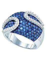 2.00 Carat (ctw) 10K White Gold Round White & Blue Diamond Ladies Right Hand Fashion Band 2 CT