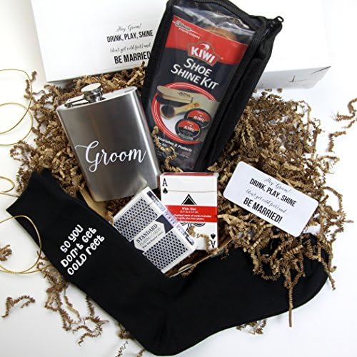 Hey Groom! Fun and Useful Engagement Gift for the Groom. Groom Stainless Steel Flask, so You Don't Get Cold Feet Socks, Shoe Shine, Playing Cards