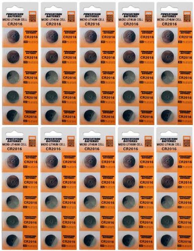 50 X Powertron CR2016 3 Volt Lithium Coin Battery button cells (10 X packs of 5)