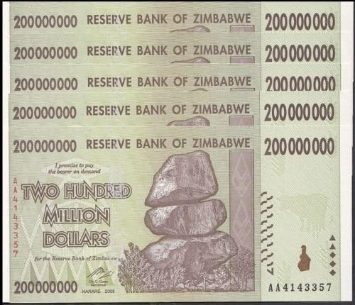 Zimbabwe 200 Million Dollars X 5 PCS, 2008, P-81, UNC,50 & 100 Trillion Series