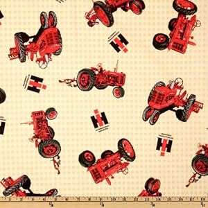 44-Wide-International-Harvester-Red-Tractor-Scattered-Cream-Fabric-By-The-Yard
