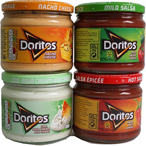 Doritos Nacho Chips Dip Sauce Testpaket, Nacho Cheese 300g (Käse Dip), Mild Salsa 326g, Hot Salsa 326g & Cool Sour Cream and Chives 300g