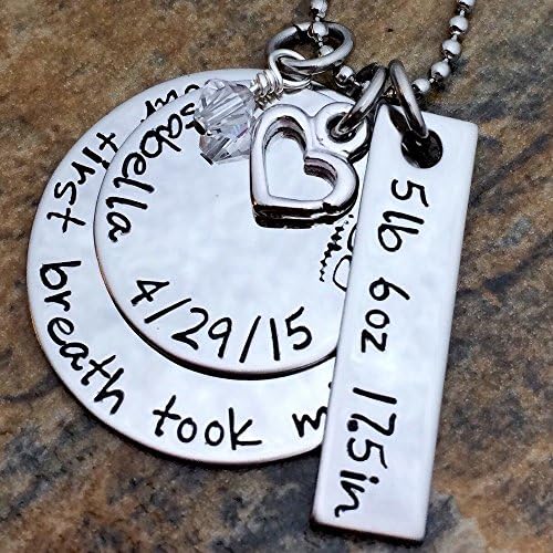 Your First Breath Took Mine Away Two Layer Necklace with Birth Stats on Rectangular Tag Personalized Mother's Necklace with Tiny Heart Charm and Birthstone