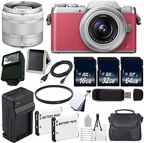 Panasonic Lumix DMC-GF7 Mirrorless Micro Four Thirds Digital Camera with 12-32mm f/3.5-5.6 ASPH. Lens (International Model No Warranty) (Pink) + Panasonic 35-100mm f/4-5.6 Interchangeable Zoom Lens (Silver) + Replacement Lithium Ion Battery + External Rapid Charger + 16GB SDHC Class 10 Memory Card + 32GB SDHC Class 10 Memory Card + 64GB SDXC Class 10 Memory Card + Carrying Case + External Flash + 37mm UV Filter + Micro HDMI Cable + SD Card USB Reader + Memory Card Wallet Bundle