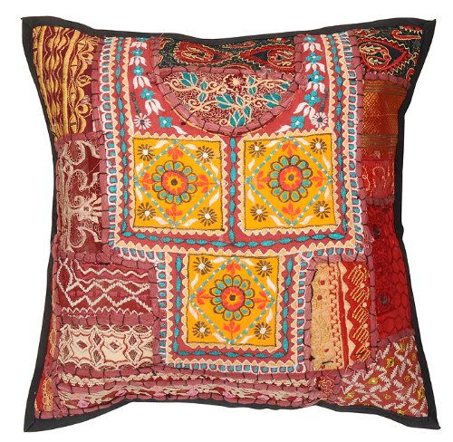 Imagen 2 de Patchwork indio de algodón hecho a mano bordado Cojín Set Tamaño 16 x 16 pulgadas Juego de 2 piezas