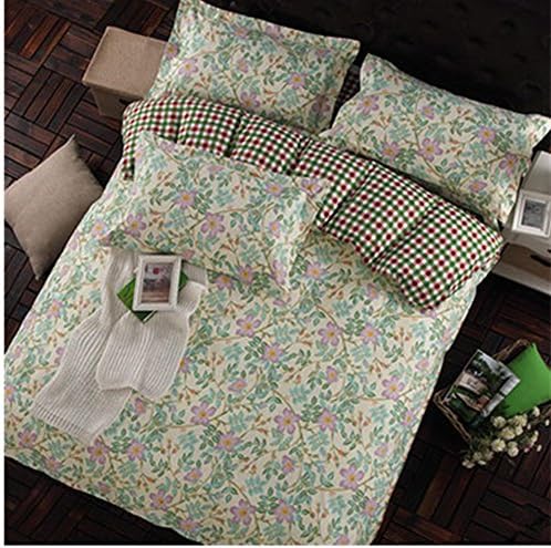 KAKA(TM) Stylish Simplicity Bedding Green leaf Pink Flowers Set 4pc, Quilt Cover and Pillowcase Sheets-5Foot