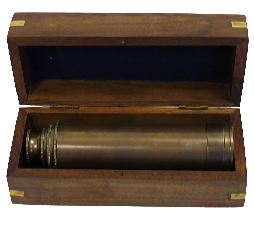 15" Handheld Pirate Telescope with Wooden Box Nautical Antique Finish