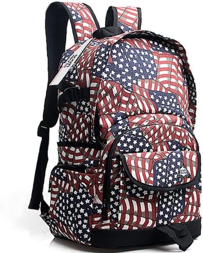 Estrendy Contrast Color Geometric Print Canvas Backpack /US Flag Travel Bag Red