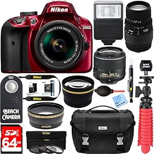 Nikon D3400 24.2 MP DSLR Camera + (18-55mm VR Nikon & 70-300mm SLD DG Sigma Lens Package, Red) + Bundle 64GB SDXC Memory + Photo Bag + Wide Angle Lens + 2x Telephoto+Flash + Remote + Tripod + Filters