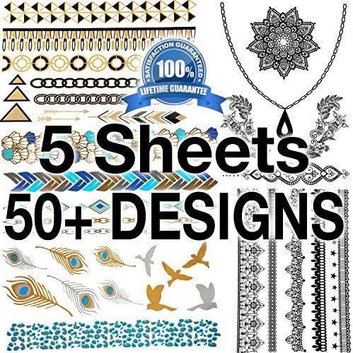 [5-PACK] Flash Metallic Temporary Tattoos for Women, Men, Kids - 5 Sheets Pack, OVER 50 Tattoo Designs - LIFETIME Guarantee (Athene Collection)