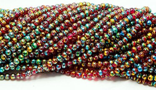 8mm Round Glass Bead - 100pc Strand - Transluscent With Festive Finish - Red and Multi-Color Finish
