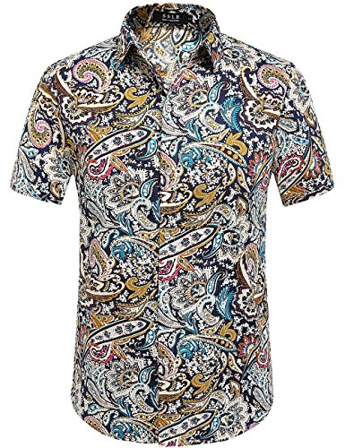 SSLR Men's Summer Casual Flower Short Sleeve Shirt (Large, Blue Red 2#)