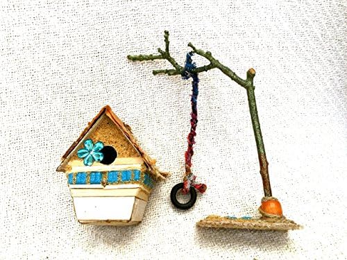 Blue Flower Tiny Terrarium Birdhouse &amp; Tire Swing Glass Brick Siding Up-cycled Tree Bark shiny Sand