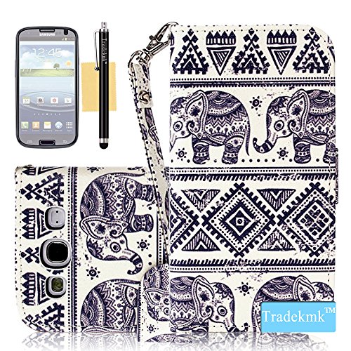 Tradekmk Totem Elephant Pattern PU Leather Slim Fit Folio Magnet Wrist Strap Wallet Stand Case Cover for Galaxy S3 Bundle with Stylus, Screen Protector & Cleaning Cloth