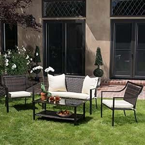 0 : 4 Piece Deep Seating Group Outdoor Patio Conversation Set with Cushions - Weather ...