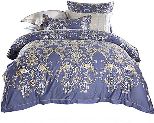 600 Thread Count Supima Cotton 100% 4pc Bohemian Duvet Cover Set Royal Blue Boho Duvet Cover with Pillowcases Cal-King Size
