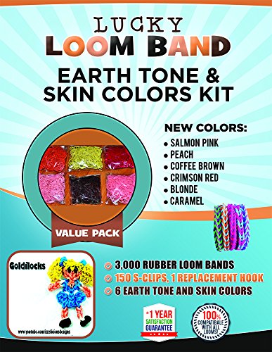 Loom Rubber Bands Kit Earth Tone And Skin Colors: 3,000pcs (6 Colors, 500 Each): Caramel, Peach, Coffee Brown, Crimson Red, Blonde, Salmon Pink. Great For Loom Figurines, People, Murals And Bracelets. Latex Free Loomy Bandz Refill - 1 Replacement Hook, 150 S-Clips - 100% Compatible With Other Brands Like Rainbow Loom Peg Board - Comes With 1-Year Risk Free Guarantee!