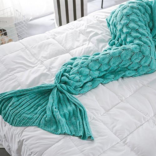 ZMG New Fish Scales Design Knitted Mermaid Tail Blanket Handmade Crochet Blanket For kids Teens Adult All Seasons Sleeping Blanket Warm Soft Snuggly Living Room, 78.7"x35.4" (Mint Green)