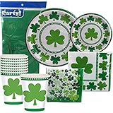 St Patricks Day Disposable Dinnerware Party Bundle - Lucky Shamrocks - Dinner Plates, Dessert Plates, Cups, Napkins and Table Cover (Serves 8)