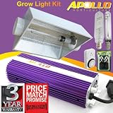 New Purple Apollo brand 600w Watt Digital Dimmable Ballast Hydroponic Grow Light System with Cool Tube Reflector and Metal Halide(MH) and High Pressure Sodium(HPS) Light Bulbs, Cord + Yoyo Hanger