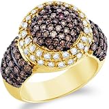 10k Yellow OR White Gold Chocolate Brown and White Diamond Large Puffed Round Cut Womens Fashion Cocktail Anniversary Ring Band (2.0 cttw)