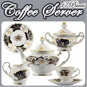 Porcelain Tea Set,Coffee Tea Server, White Porcelain Chin,Ebony White Gold Design 17 Pca. by Porcelain China Tea Sets