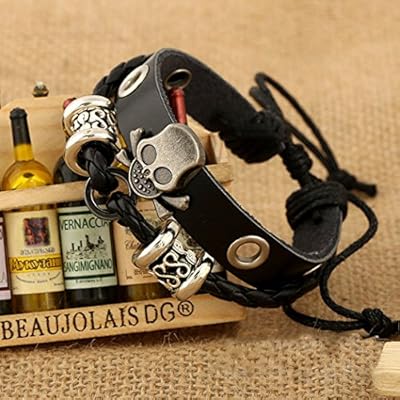 Nice Buckeye Gothic Man Skull Studded Punk Feelings Adjustable Length Leather Wrap Bracelet