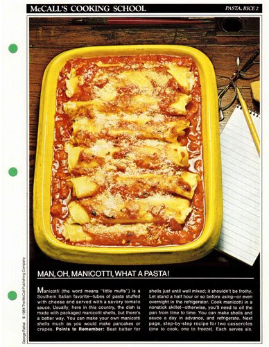 McCall's Cooking School Recipe Card: Pasta, Rice 2 - Baked Manicotti With Cheese Filling (Replacement McCall's Recipage or Recipe Card For 3-Ring Binders)