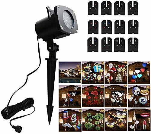 JulyFire LED Projection Xmas Spotlight Multicolor 12 Pattern Replaceable Projector Halloween  Rotating Landscape Light, Built-in Timer, Waterproof for Wedding, Thanksgiving, Brithday, Party, Holiday